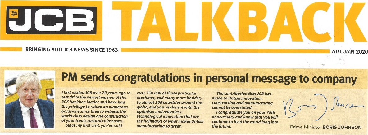 英國首相致信祝賀JCB成立75周年！